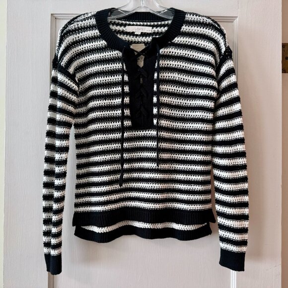 LOFT | Striped Lace Up Sweater - Picture 3 of 10